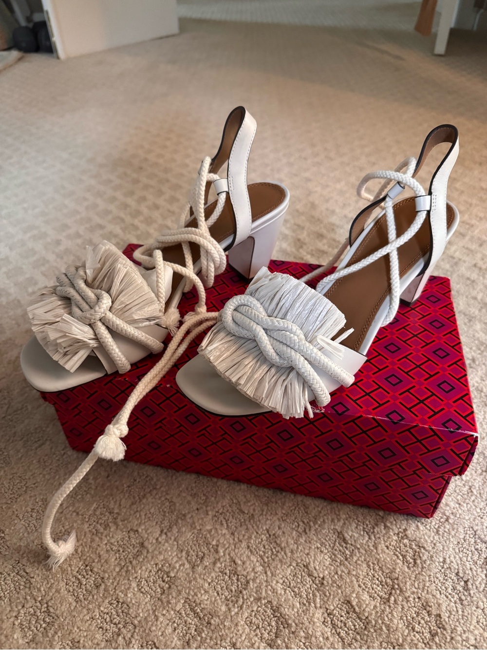 Tory Burch Ivory Fringe Rope-Tie Block Heel Sandals